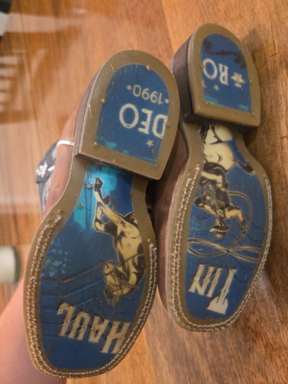0Tin Haul Kids Brown & Navy Western Cowboy Boots With Bull Riders - Picture 3 of 3